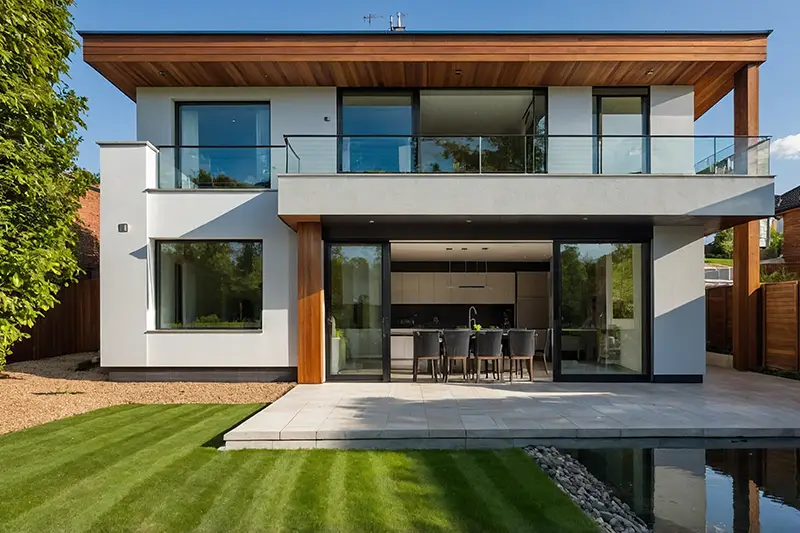 Vista esterna di una casa moderna con serramenti in legno alluminio