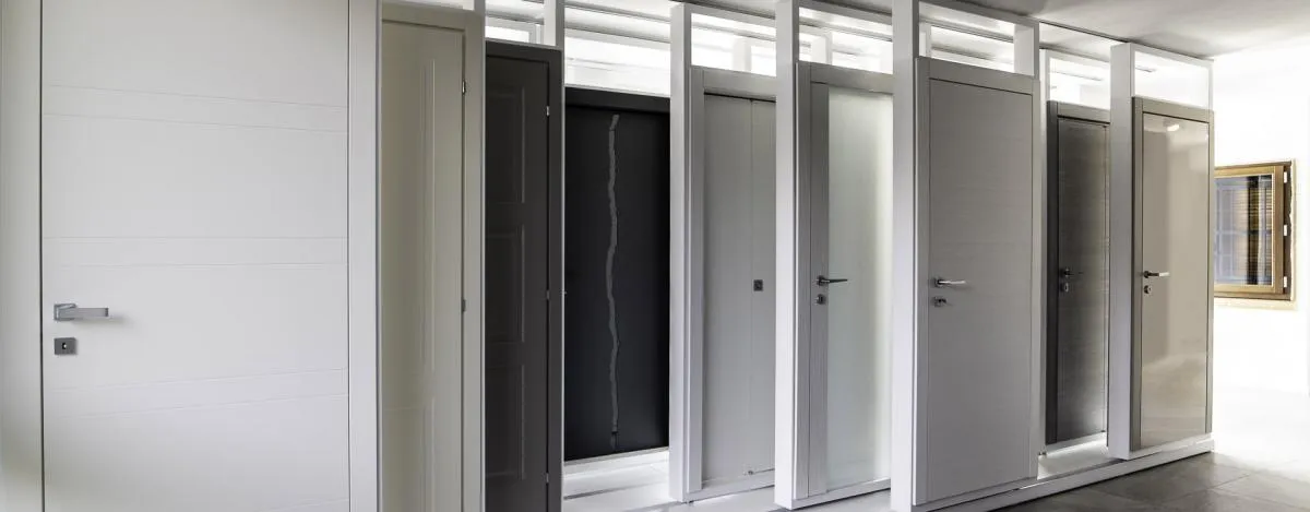 Vista laterale esposizione porte interne nello showroom di Suisio