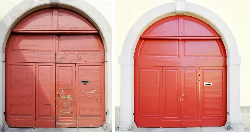 Portone d'ingresso carteggiato laccato rosso Basculante in Douglas
